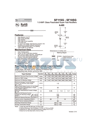 SF13SG datasheet - 1.0 AMP. Glass Passivated Super Fast Rectifiers