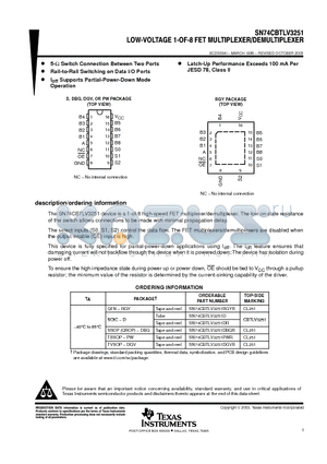 SN74CBTLV3251 datasheet - LOW-VOLTAGE 1-OF-8 FET MULTIPLEXER/DEMULTIPLEXER