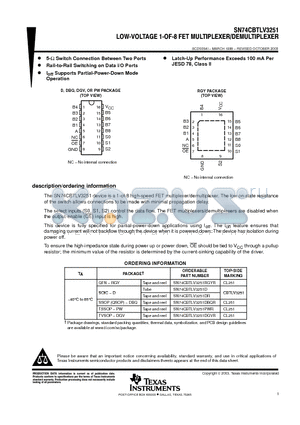 SN74CBTLV3251DBQR datasheet - LOW-VOLTAGE 1-OF-8 FET MULTIPLEXER/DEMULTIPLEXER