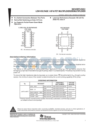 SN74CBTLV3251DE4 datasheet - LOW-VOLTAGE 1-OF-8 FET MULTIPLEXER/DEMULTIPLEXER