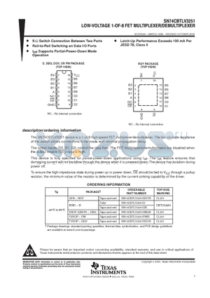 SN74CBTLV3251D datasheet - LOW-VOLTAGE 1-OF-8 FET MULTIPLEXER/DEMULTIPLEXER