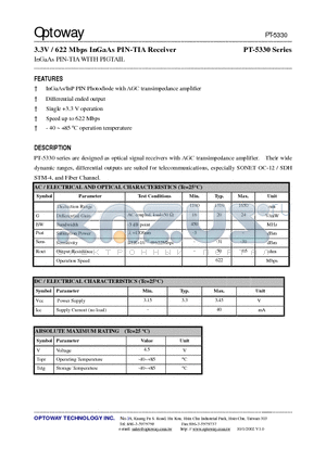 PT-5330B-XF datasheet - 3.3V / 622 Mbps InGaAs PIN-TIA Receiver InGaAs PIN-TIA WITH PIGTAIL