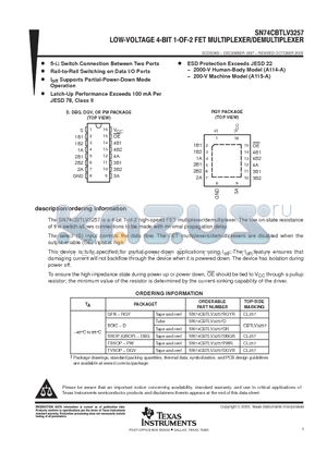 SN74CBTLV3257D datasheet - LOW-VOLTAGE 4-BIT 1-OF-2 FET MULTIPLEXER/DEMULTIP LEXER