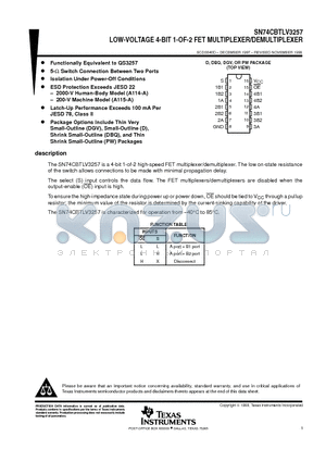 SN74CBTLV3257DGV datasheet - LOW-VOLTAGE 4-BIT 1-OF-2 FET MULTIPLEXER/DEMULTIPLEXER