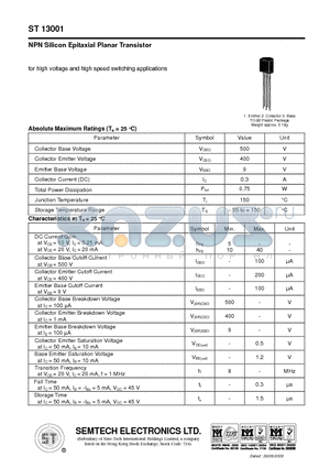 ST13001 datasheet - NPN Silicon Epitaxial Planar Transistor