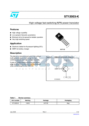 ST13003-K_08 datasheet - High voltage fast-switching NPN power transistor