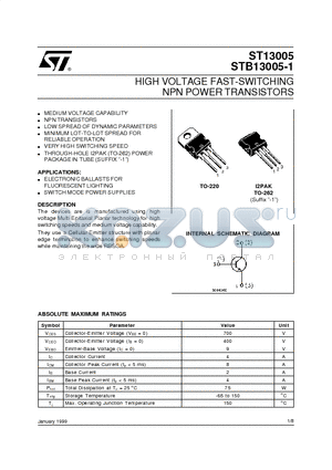 ST13005 datasheet - HIGH VOLTAGE FAST-SWITCHING NPN POWER TRANSISTORS