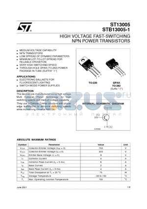 ST13005_01 datasheet - HIGH VOLTAGE FAST-SWITCHING NPN POWER TRANSISTOR