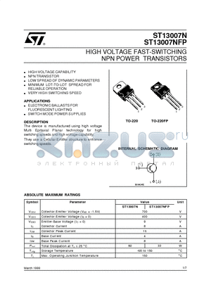 ST13007NFP datasheet - HIGH VOLTAGE FAST-SWITCHING NPN POWER TRANSISTORS