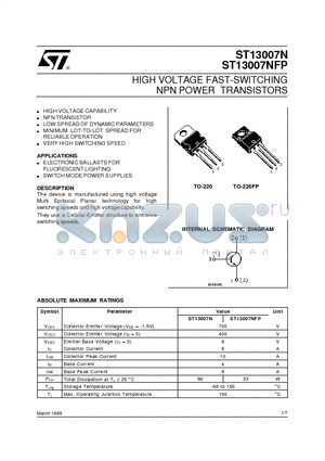 ST13007N datasheet - HIGH VOLTAGE FAST-SWITCHING NPN POWER TRANSISTORS