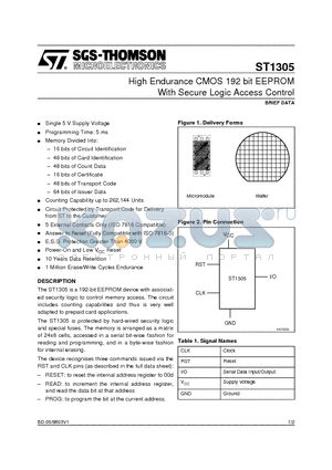 ST1305 datasheet - High Endurance CMOS 192 bit EEPROM With Secure Logic Access Control