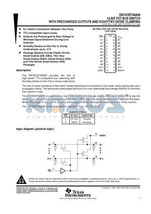 SN74CBTS6800DW datasheet - 10-BIT FET BUS SWITCH WITH PRECHARGED OUTPUTS AND SCHOTTKY DIODE CLAMPING