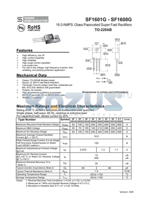 SF1602G datasheet - 16.0 AMPS. Glass Passivated Super Fast Rectifiers
