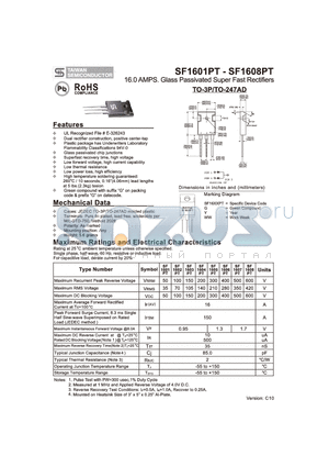 SF1601PT_10 datasheet - 16.0 AMPS. Glass Passivated Super Fast Rectifiers