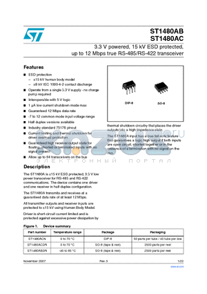 ST1480ABDR datasheet - 3.3 V powered, 15 kV ESD protected, up to 12 Mbps true RS-485/RS-422 transceiver