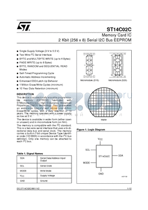 ST14C02 datasheet - Memory Card IC 2 Kbit 256 x 8 Serial I2C Bus EEPROM