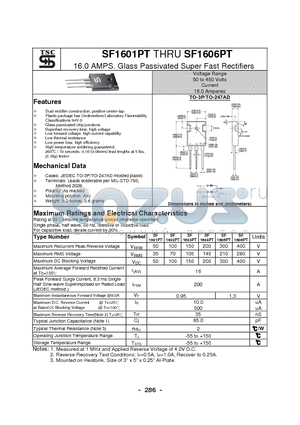 SF1602PT datasheet - 16.0 AMPS. Glass Passivated Super Fast Rectifiers