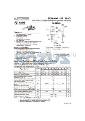 SF1602G datasheet - 16.0 AMPS. Glass Passivated Super Fast Rectifiers