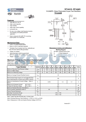 SF1602G datasheet - 16.0AMPS. Glass Passivated Super Fast Rectifiers