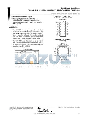 SN74F158AN datasheet - QUADRUPLE 2-LINE TO 1-LINE DATA SELECTORS/MULTIPLEXERS