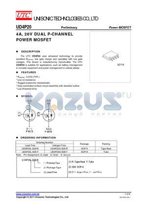 UD4P20G-S08-T datasheet - 4A, 20V DUAL P-CHANNEL POWER MOSFET
