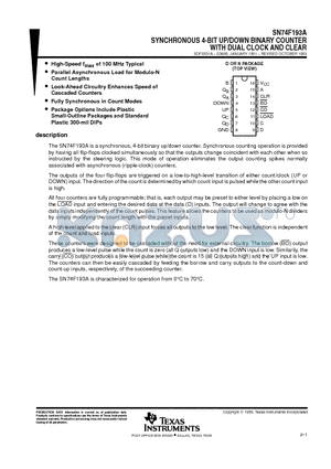 SN74F193A datasheet - SYNCHRONOUS 4-BIT UP/DOWN BINARY COUNTER WITH DUAL CLOCK AND CLEAR