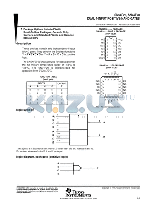 SN74F20D datasheet - DUAL 4-INPUT POSITIVE-NAND GATES