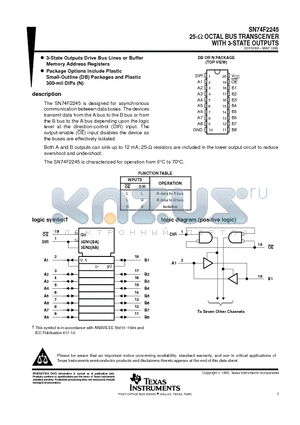 SN74F2245N datasheet - 25-ohm OCTAL BUS TRANSCEIVER WITH 3-STATE OUTPUTS