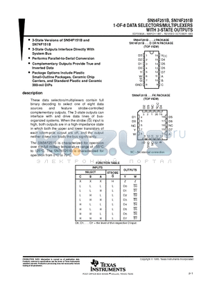 SN74F251B datasheet - 1-OF-8 DATA SELECTORS/MULTIPLEXERS WITH 3-STATE OUTPUTS