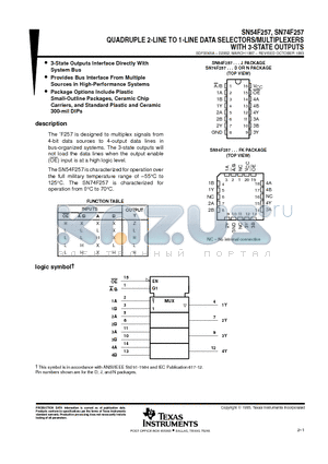 SN74F257D datasheet - QUADRUPLE 2-LINE TO 1-LINE DATA SELECTORS/MULTIPLEXERS WITH 3-STATE OUTPUTS