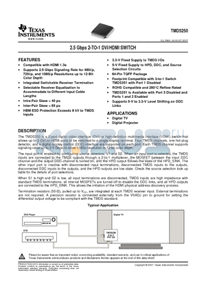 TMDS250PAGR datasheet - 2.5 Gbps 2-TO-1 DVI/HDMI SWITCH