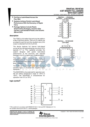SN74F283DR datasheet - 4-BIT BINARY FULL ADDERS WITH FAST CARRY