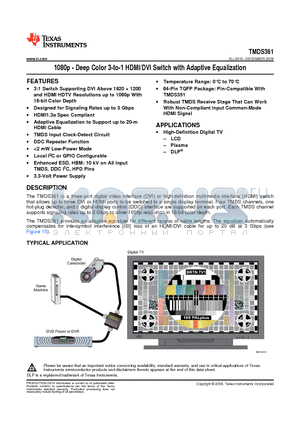 TMDS361PAGT datasheet - 1080p - Deep Color 3-to-1 HDMI/DVI Switch with Adaptive Equalization
