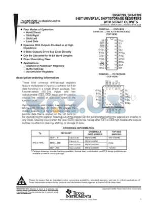 SN74F299NSR datasheet - 8-BIT UNIVERSAL SHIFT/STORAGE REGISTERS WITH 3-STATE OUTPUTS