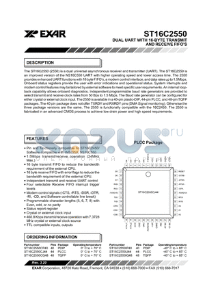 ST16C2550CJ44 datasheet - DUAL UART WITH 16-BYTE TRANSMIT AND RECEIVE FIFOS