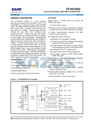 ST16C2552CJ44 datasheet - 2.97V TO 5.5V DUAL UART WITH 16-BYTE FIFO