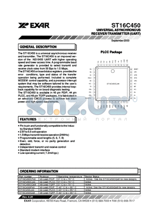 ST16C450 datasheet - UNIVERSAL ASYNCHRONOUS RECEIVER/TRANSMITTER (UART)