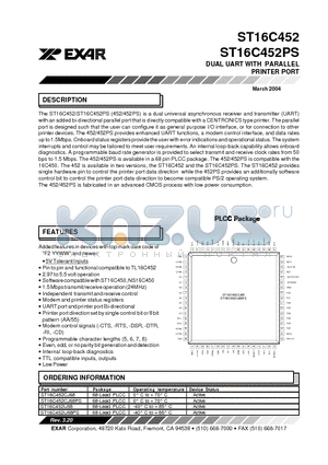 ST16C452 datasheet - DUAL UART WITH PARALLEL PRINTER PORT