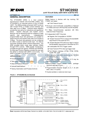 ST16C2552CJ datasheet - 2.97V TO 5.5V DUAL UART WITH 16-BYTE FIFO