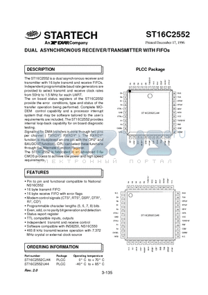 ST16C2552CJ44 datasheet - DUAL ASYNCHRONOUS RECEIVER/TRANSMITTER WITH FIFOs