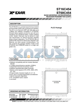 ST16C454CJ68 datasheet - QUAD UNIVERSAL ASYNCHRONOUS RECEIVER/TRANSMITTER (UART)