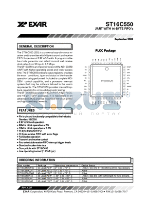ST16C550CJ44 datasheet - UART WITH 16-BYTE FIFOs