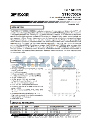 ST16C552 datasheet - DUAL UART WITH 16-BYTE FIFO AND PARALLEL PRINTER PORT