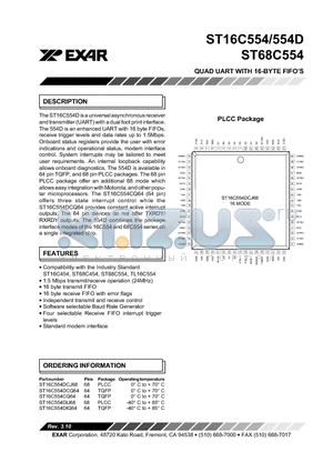 ST16C554DCQ64 datasheet - QUAD UART WITH 16-BYTE FIFOS