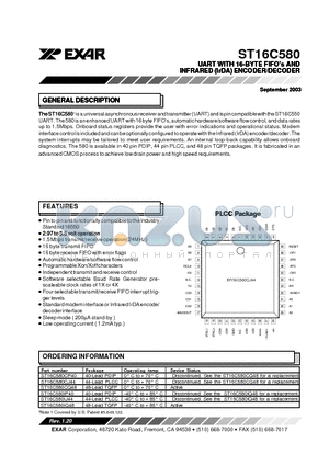 ST16C580CP40 datasheet - UART WITH 16-BYTE FIFOs AND INFRARED (IrDA) ENCODER/DECODER