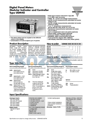 UDM40 datasheet - Digital Panel Meters Modular Indicator and Controller