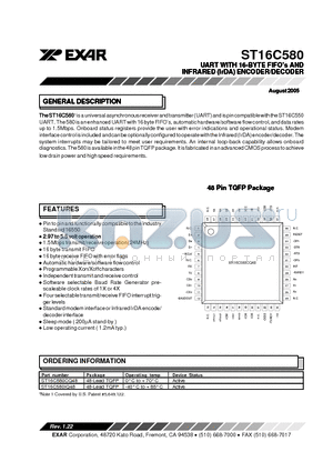 ST16C580CQ48 datasheet - UART WITH 16-BYTE FIFOs AND INFRARED (IrDA) ENCODER/DECODER