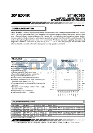 ST16C580IQ48 datasheet - UART WITH 16-BYTE FIFOs AND INFRARED (IrDA) ENCODER/DECODER