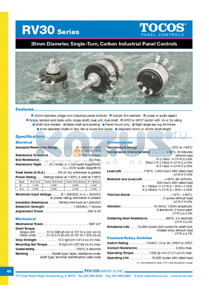 RV30 datasheet - 30mm Diameter, Single-Turn, Carbon Industrial Panel Controls