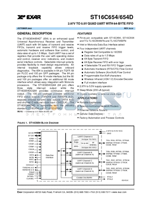 ST16C654IJ68 datasheet - 2.97V TO 5.5V QUAD UART WITH 64-BYTE FIFO